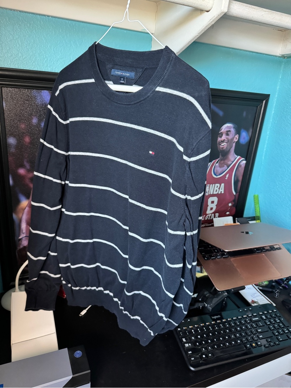 Tommy Hilfiger Navy and White Striped Pullover Sweater
